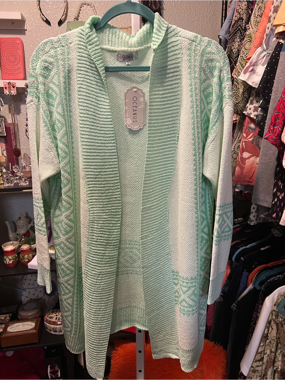 Oceanus Mint Green Open-Front Patterned Cardigan